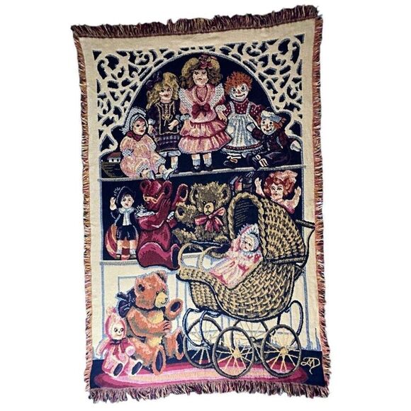 Raggedy Ann Andy Dolls Tapestry Blanket Woven Throw Teddy Bear‎ Carriage Nursery - Picture 3 of 4